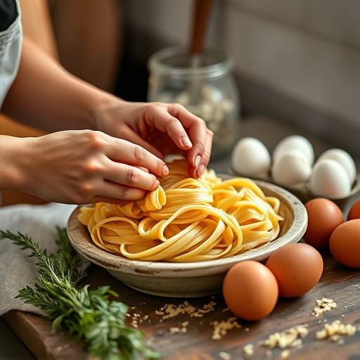 Ein Bild von Handgemachte Pasta Zubereitung mit frischem Eiern.
